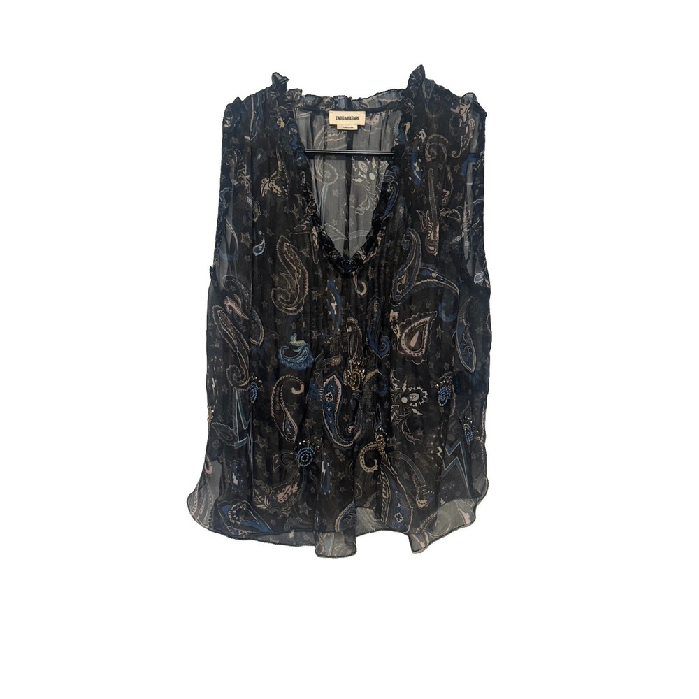 Zadig & Voltaire Thym Paisley Beaded  Chiffon Sheer V-Neck Top Black Blue Size S